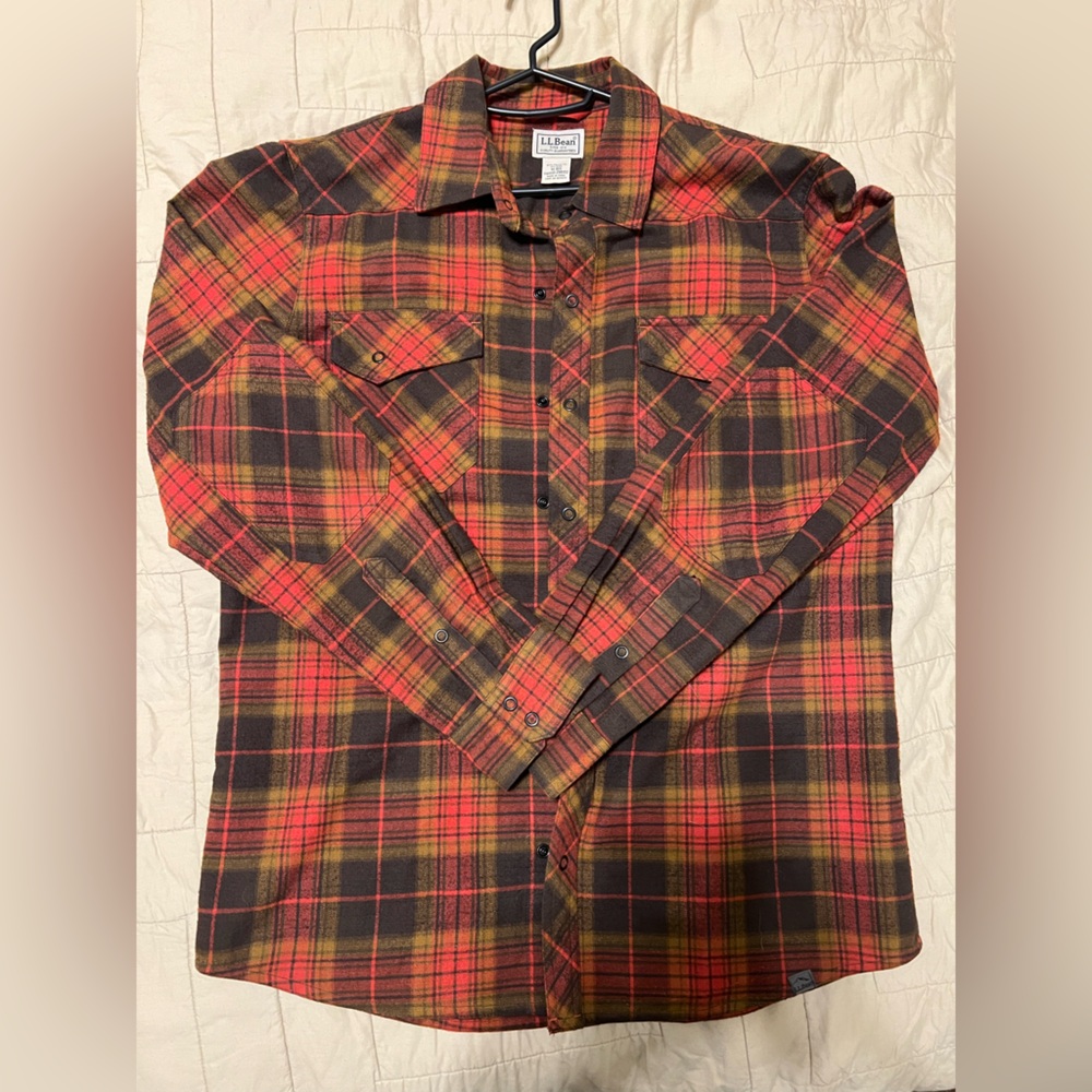 L.L. Bean Orangey Red and Brown Plaid Shirt